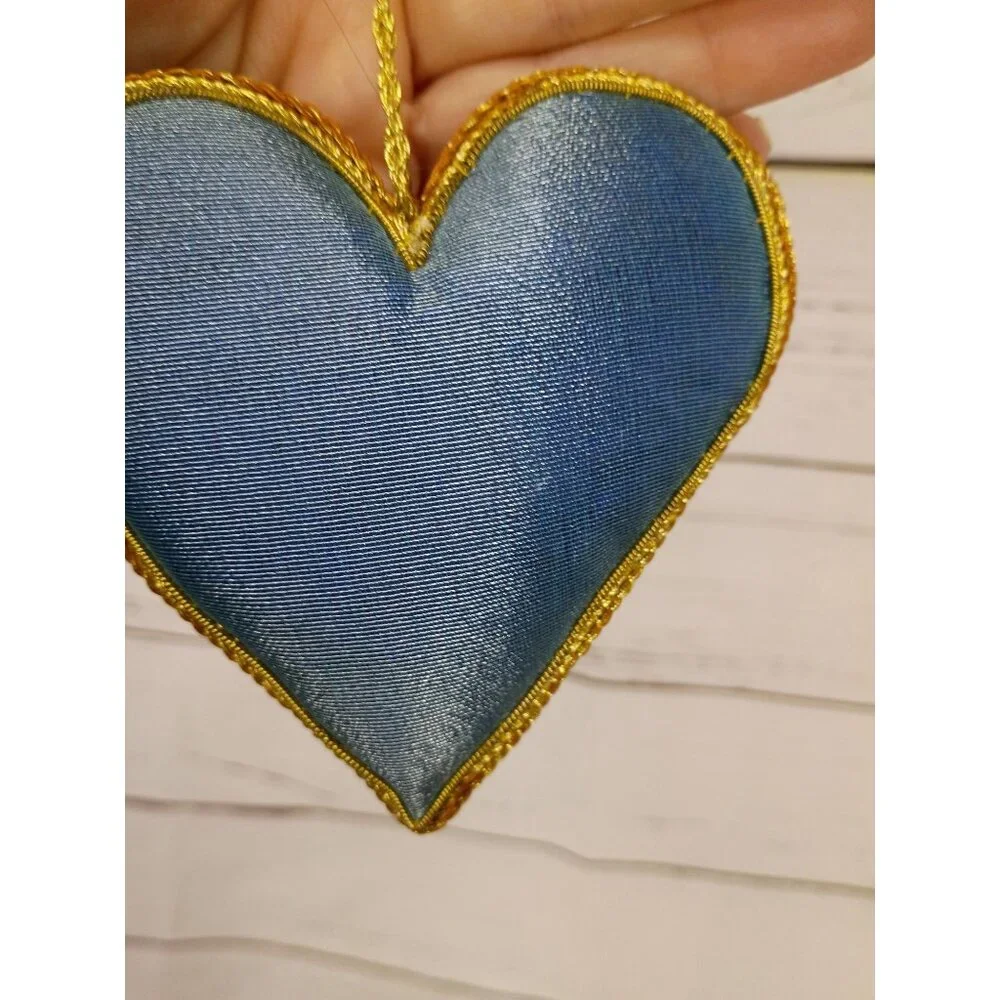 Embroidered Heart Ornament With Blue Fabric Gold‎ Trim & Colorful Beads Handmade